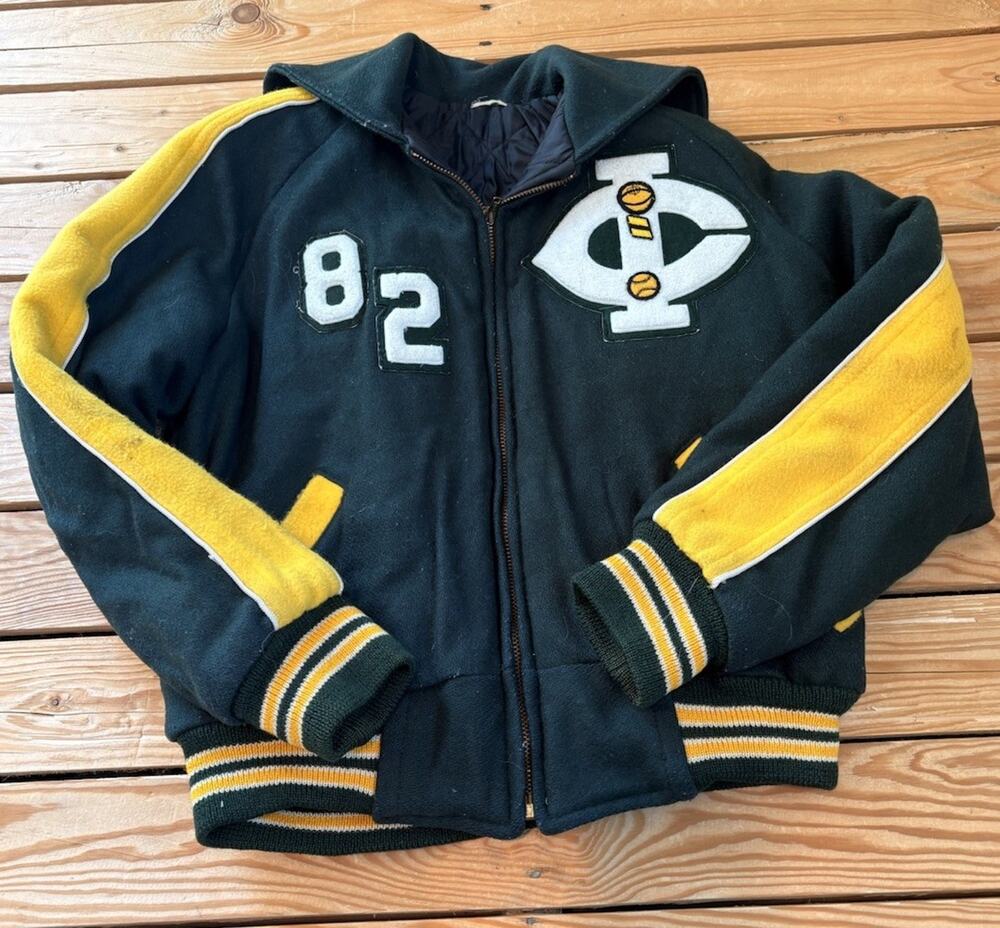 VINTAGE Logan Knitting Mills Youth 1982 Letterman Jacket Size L Green T6